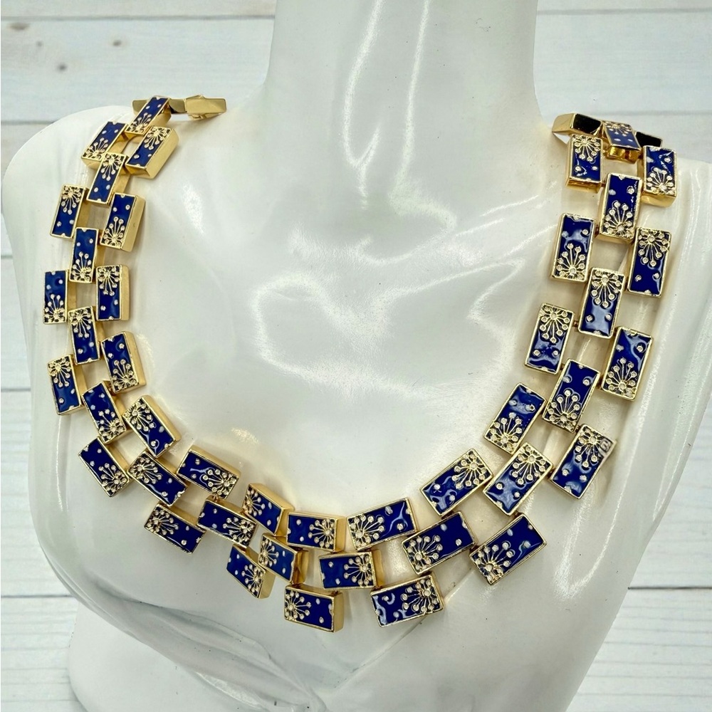 Rare Lulu Frost Signed Blue Enamel Gold Statement Necklace 17” Excellent Cond. - Picture 4 of 17
